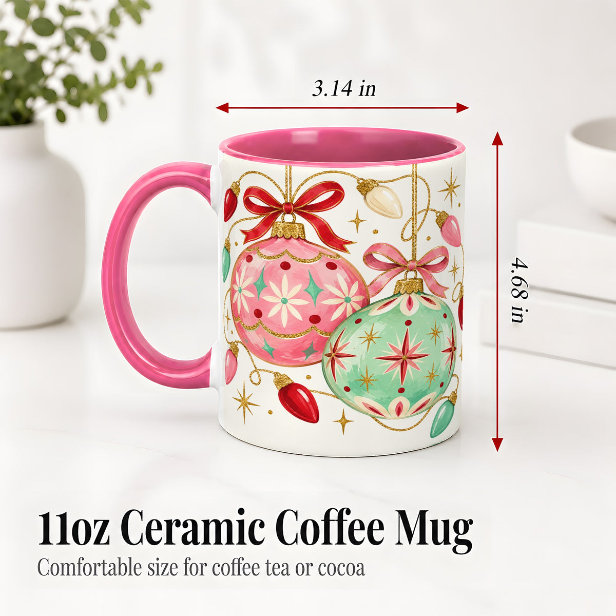 #pl[11oz|Pink] Retro Christmas Ornaments Ceramic Mug, Pink Mint Holiday Art