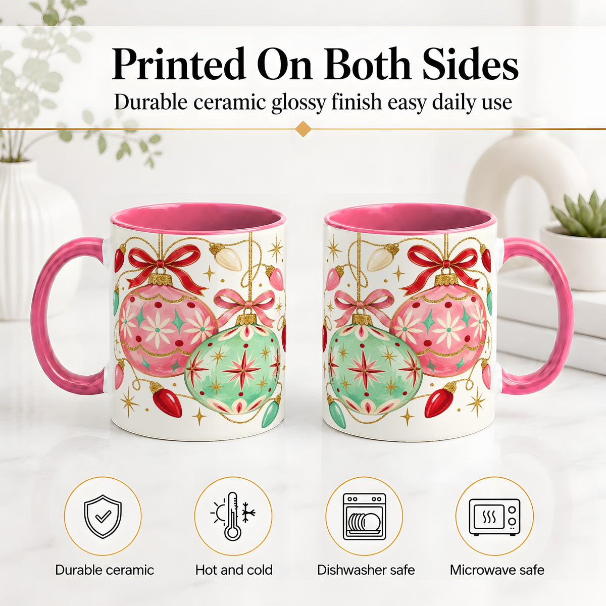 #pl[11oz|Pink] Retro Christmas Ornaments Ceramic Mug, Pink Mint Holiday Art