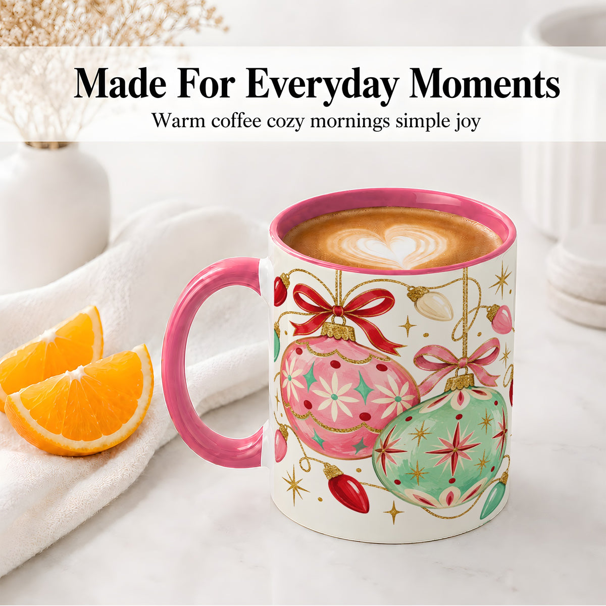 #pl[11oz|Pink] Retro Christmas Ornaments Ceramic Mug, Pink Mint Holiday Art