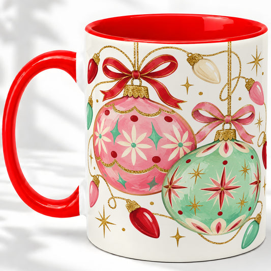 Retro Christmas Ornaments Ceramic Mug, Pink Mint Holiday Art
