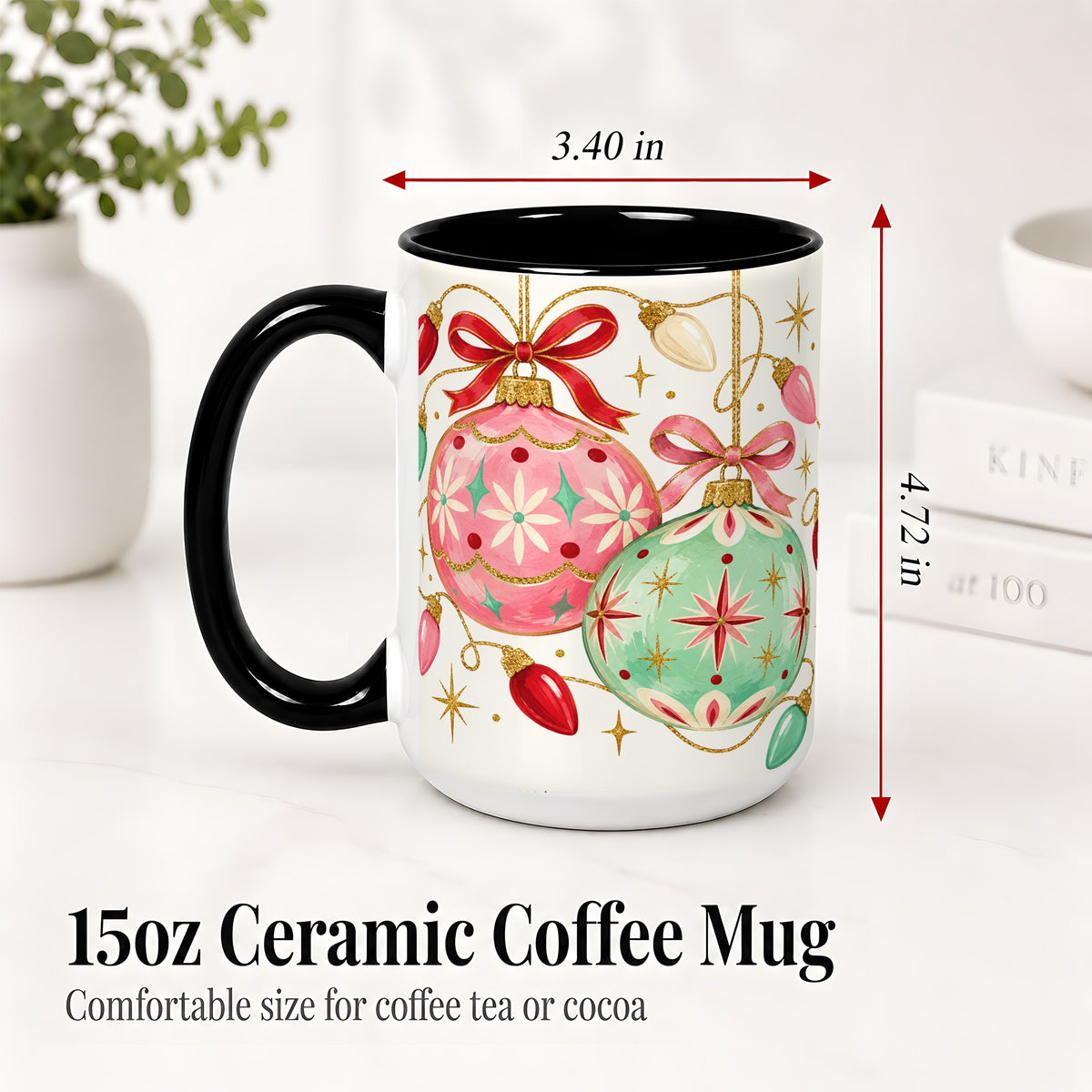 #pl[15oz|Black] Retro Christmas Ornaments Ceramic Mug, Pink Mint Holiday Art