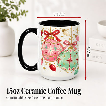 #pl[15oz|Black] Retro Christmas Ornaments Ceramic Mug, Pink Mint Holiday Art