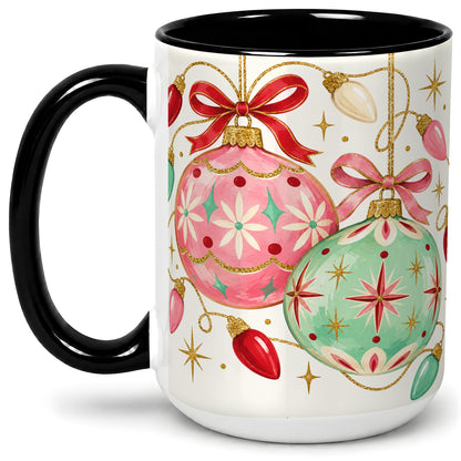 #pl[15oz|Black] Retro Christmas Ornaments Ceramic Mug, Pink Mint Holiday Art