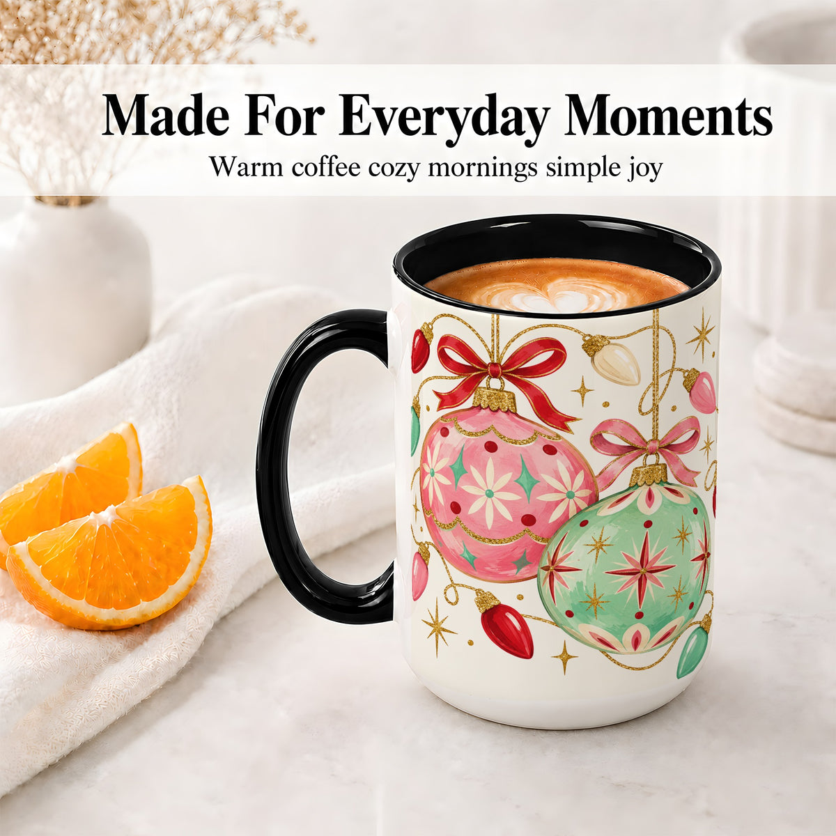 #pl[15oz|Black] Retro Christmas Ornaments Ceramic Mug, Pink Mint Holiday Art