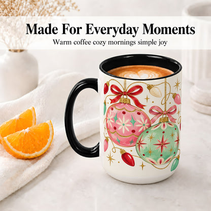 #pl[15oz|Black] Retro Christmas Ornaments Ceramic Mug, Pink Mint Holiday Art