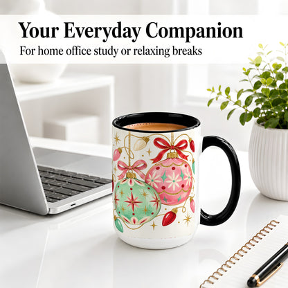 #pl[15oz|Black] Retro Christmas Ornaments Ceramic Mug, Pink Mint Holiday Art