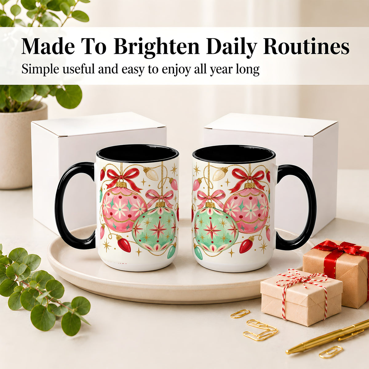 #pl[15oz|Black] Retro Christmas Ornaments Ceramic Mug, Pink Mint Holiday Art