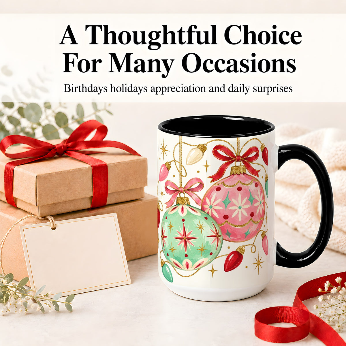 #pl[15oz|Black] Retro Christmas Ornaments Ceramic Mug, Pink Mint Holiday Art