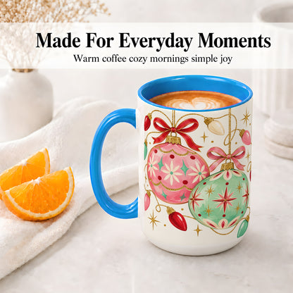 #pl[15oz|Blue] Retro Christmas Ornaments Ceramic Mug, Pink Mint Holiday Art