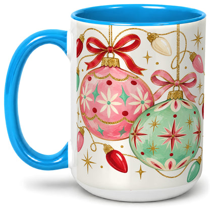 #pl[15oz|Blue] Retro Christmas Ornaments Ceramic Mug, Pink Mint Holiday Art