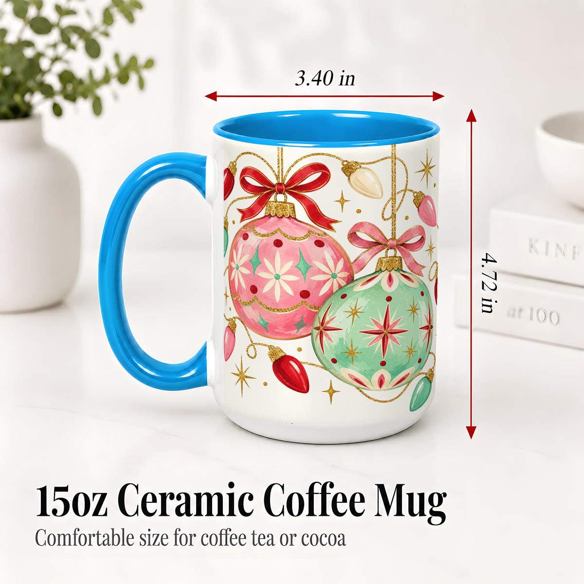 #pl[15oz|Blue] Retro Christmas Ornaments Ceramic Mug, Pink Mint Holiday Art