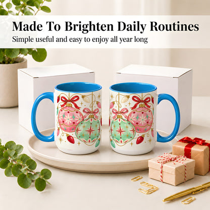 #pl[15oz|Blue] Retro Christmas Ornaments Ceramic Mug, Pink Mint Holiday Art