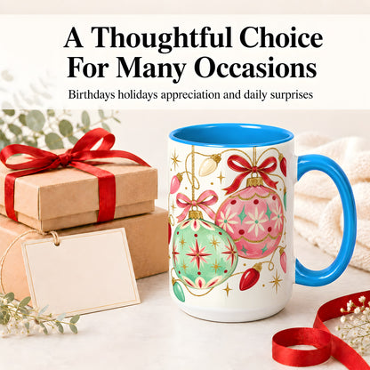 #pl[15oz|Blue] Retro Christmas Ornaments Ceramic Mug, Pink Mint Holiday Art