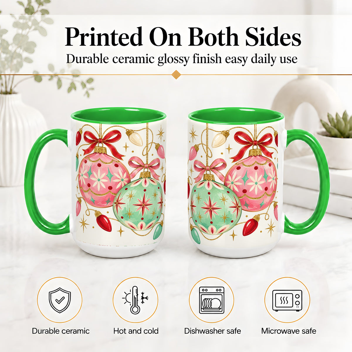 #pl[15oz|Green] Retro Christmas Ornaments Ceramic Mug, Pink Mint Holiday Art