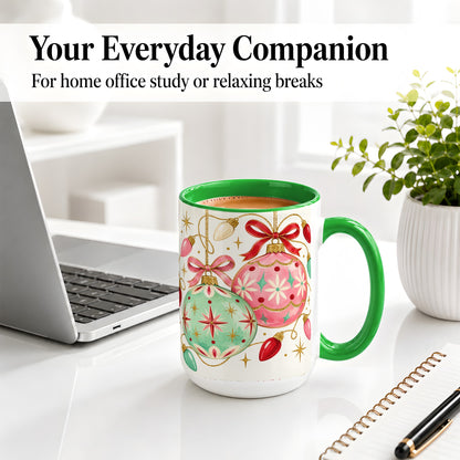 #pl[15oz|Green] Retro Christmas Ornaments Ceramic Mug, Pink Mint Holiday Art