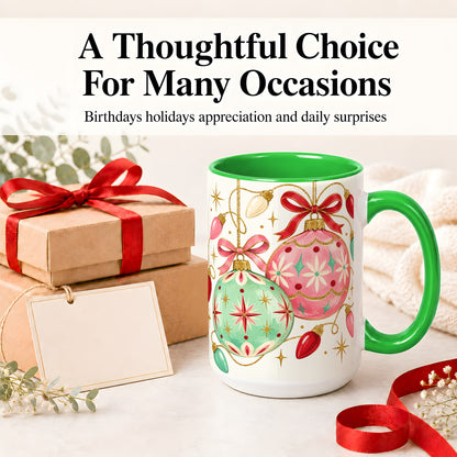 #pl[15oz|Green] Retro Christmas Ornaments Ceramic Mug, Pink Mint Holiday Art