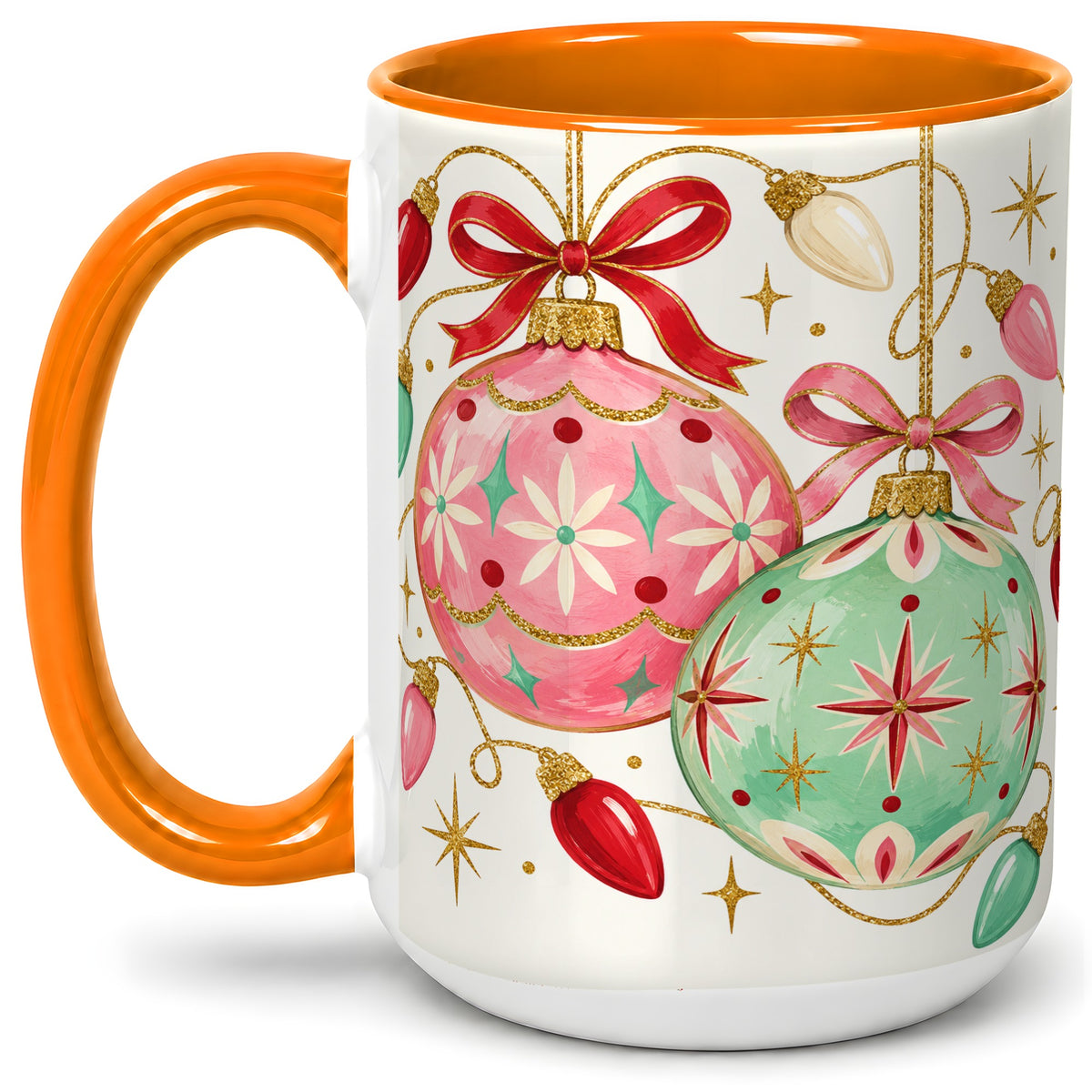 #pl[15oz|Orange] Retro Christmas Ornaments Ceramic Mug, Pink Mint Holiday Art