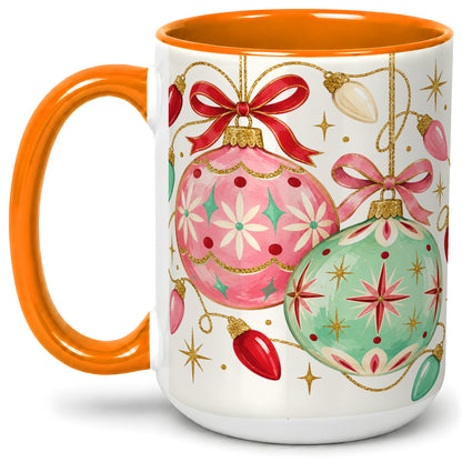 #pl[15oz|Orange] Retro Christmas Ornaments Ceramic Mug, Pink Mint Holiday Art