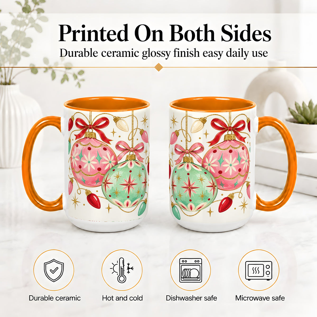 #pl[15oz|Orange] Retro Christmas Ornaments Ceramic Mug, Pink Mint Holiday Art