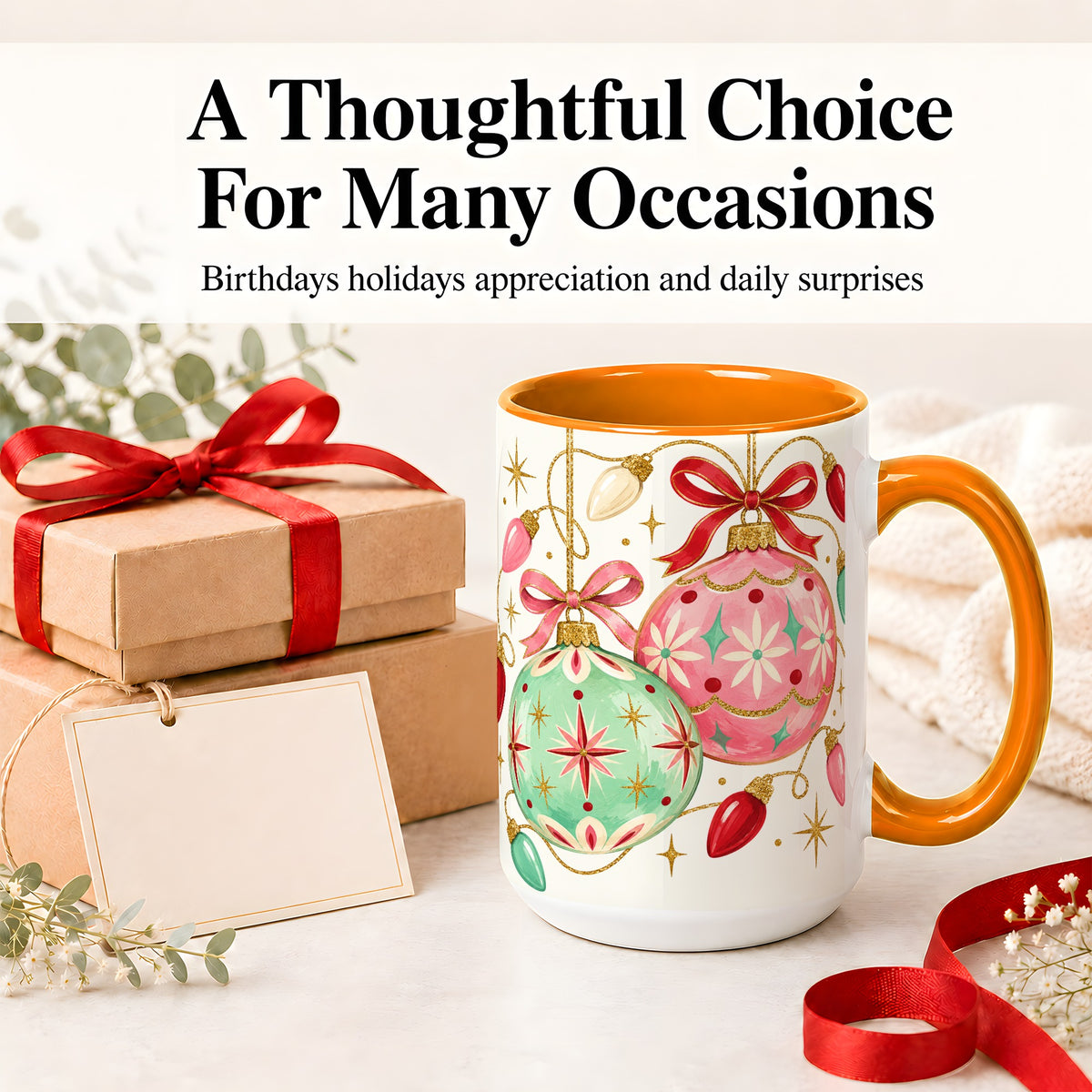 #pl[15oz|Orange] Retro Christmas Ornaments Ceramic Mug, Pink Mint Holiday Art