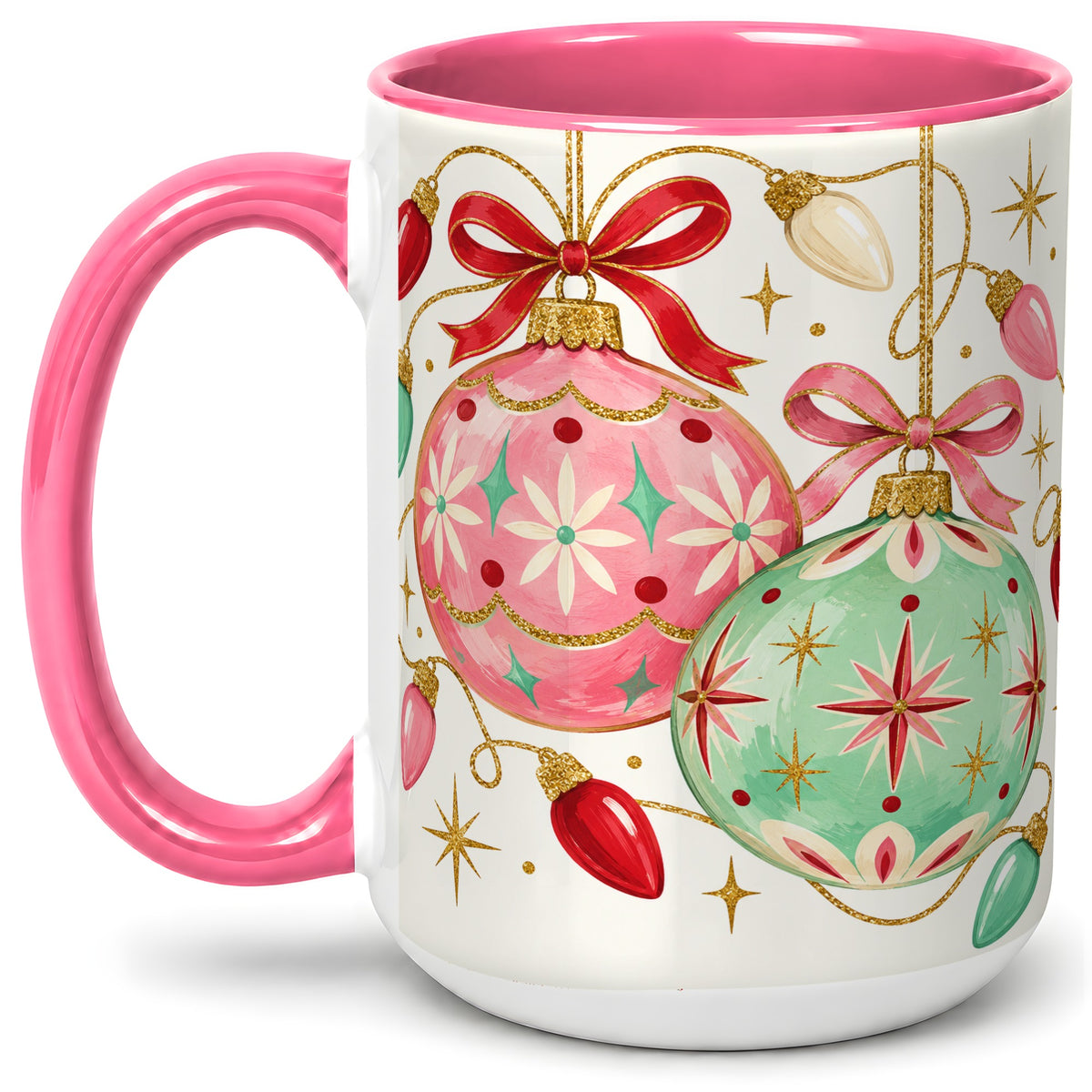 #pl[15oz|Pink] Retro Christmas Ornaments Ceramic Mug, Pink Mint Holiday Art