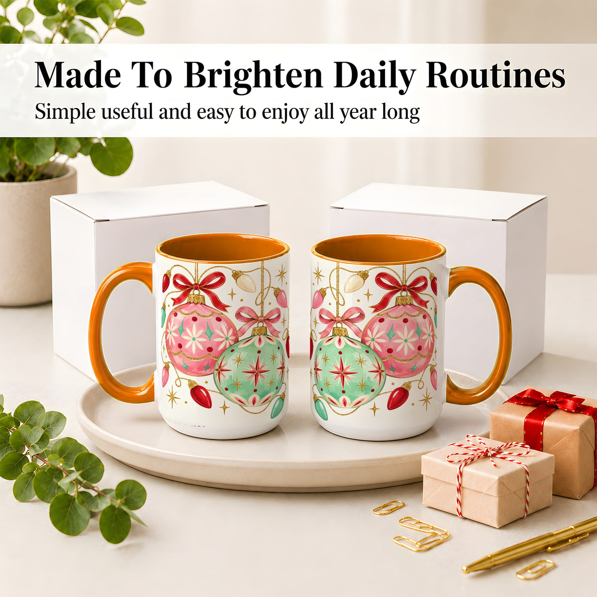 #pl[15oz|Orange] Retro Christmas Ornaments Ceramic Mug, Pink Mint Holiday Art