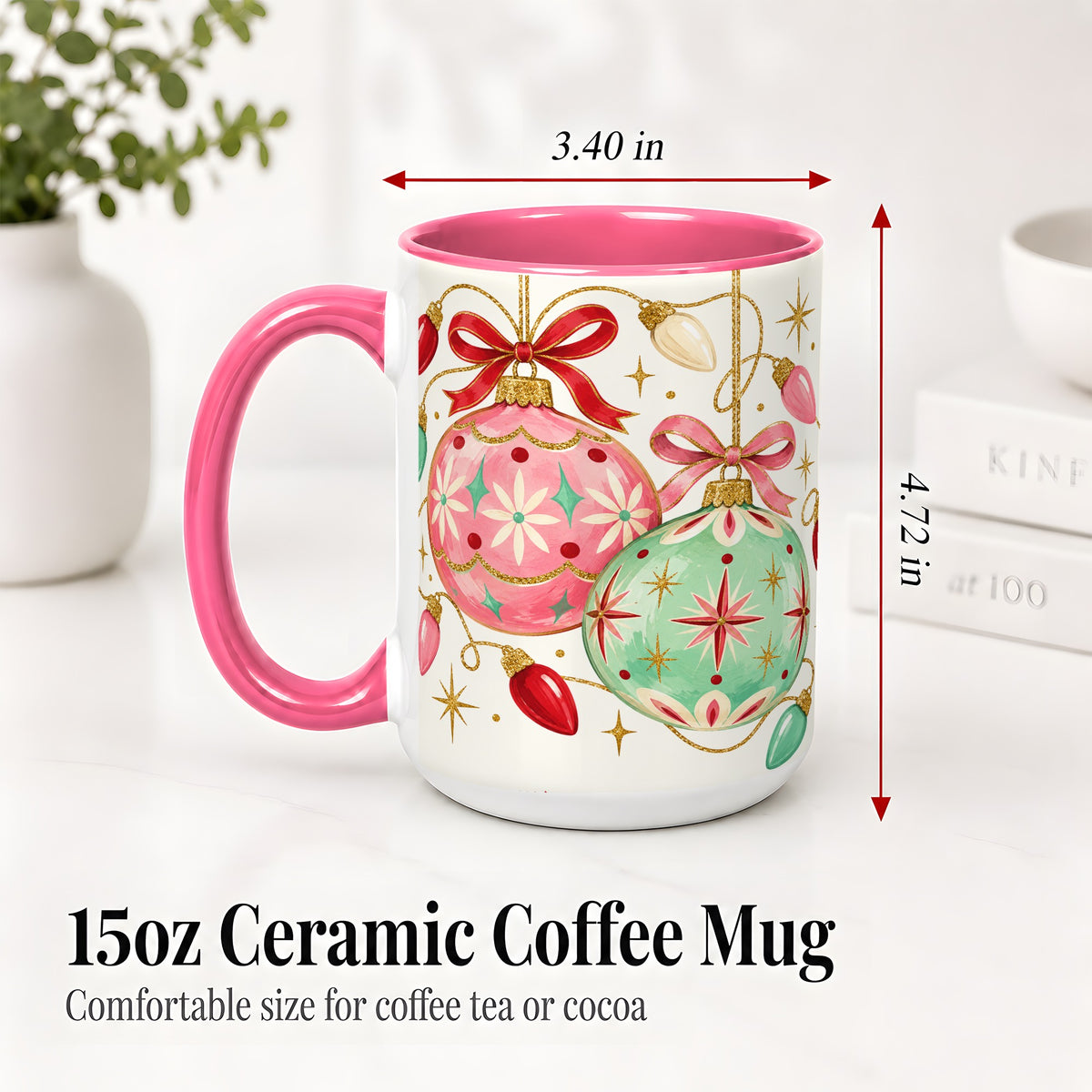 #pl[15oz|Pink] Retro Christmas Ornaments Ceramic Mug, Pink Mint Holiday Art