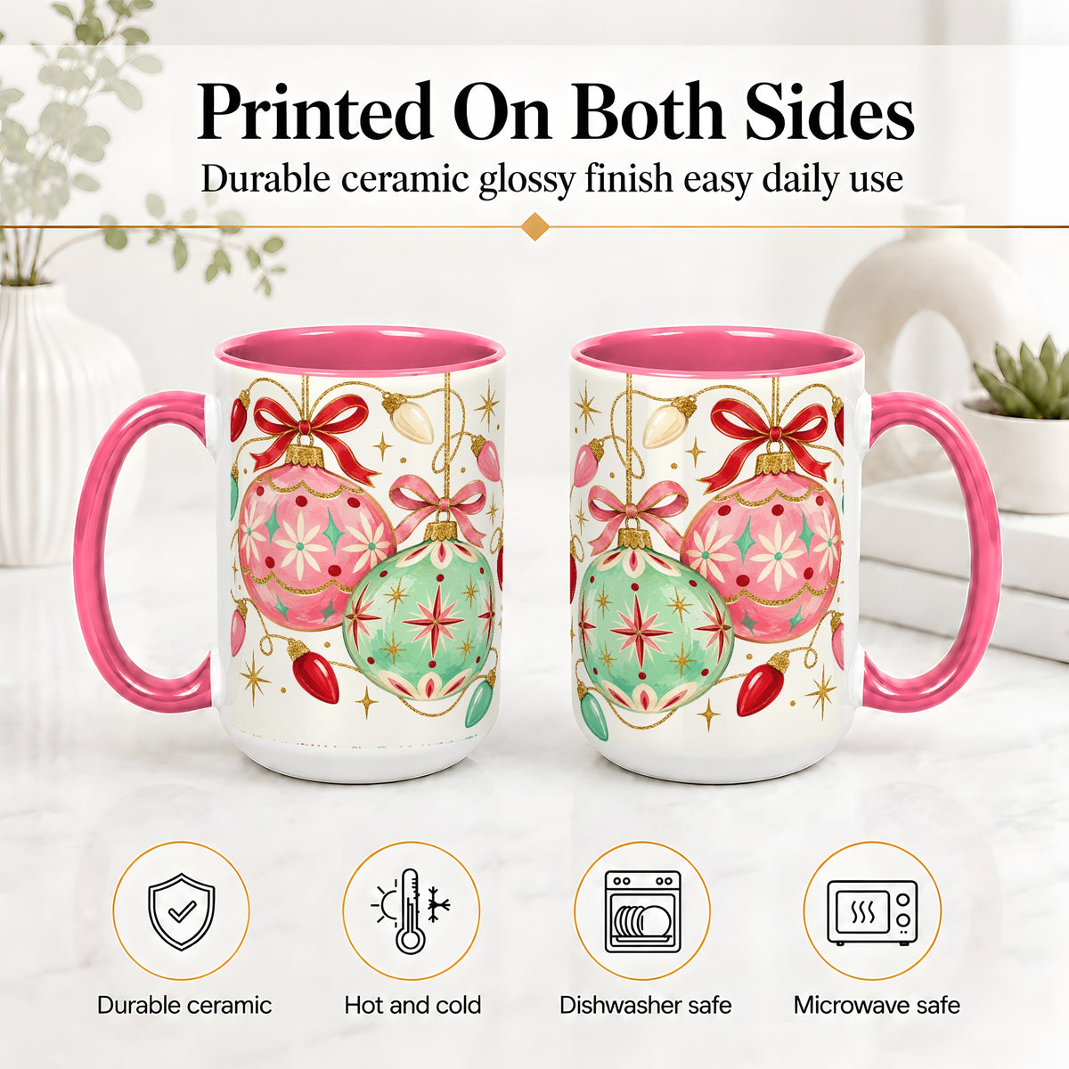#pl[15oz|Pink] Retro Christmas Ornaments Ceramic Mug, Pink Mint Holiday Art