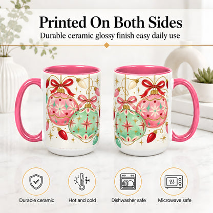 #pl[15oz|Pink] Retro Christmas Ornaments Ceramic Mug, Pink Mint Holiday Art