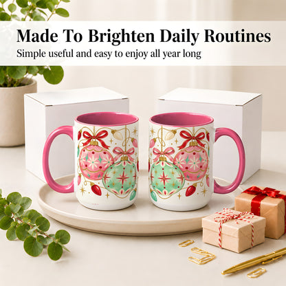 #pl[15oz|Pink] Retro Christmas Ornaments Ceramic Mug, Pink Mint Holiday Art