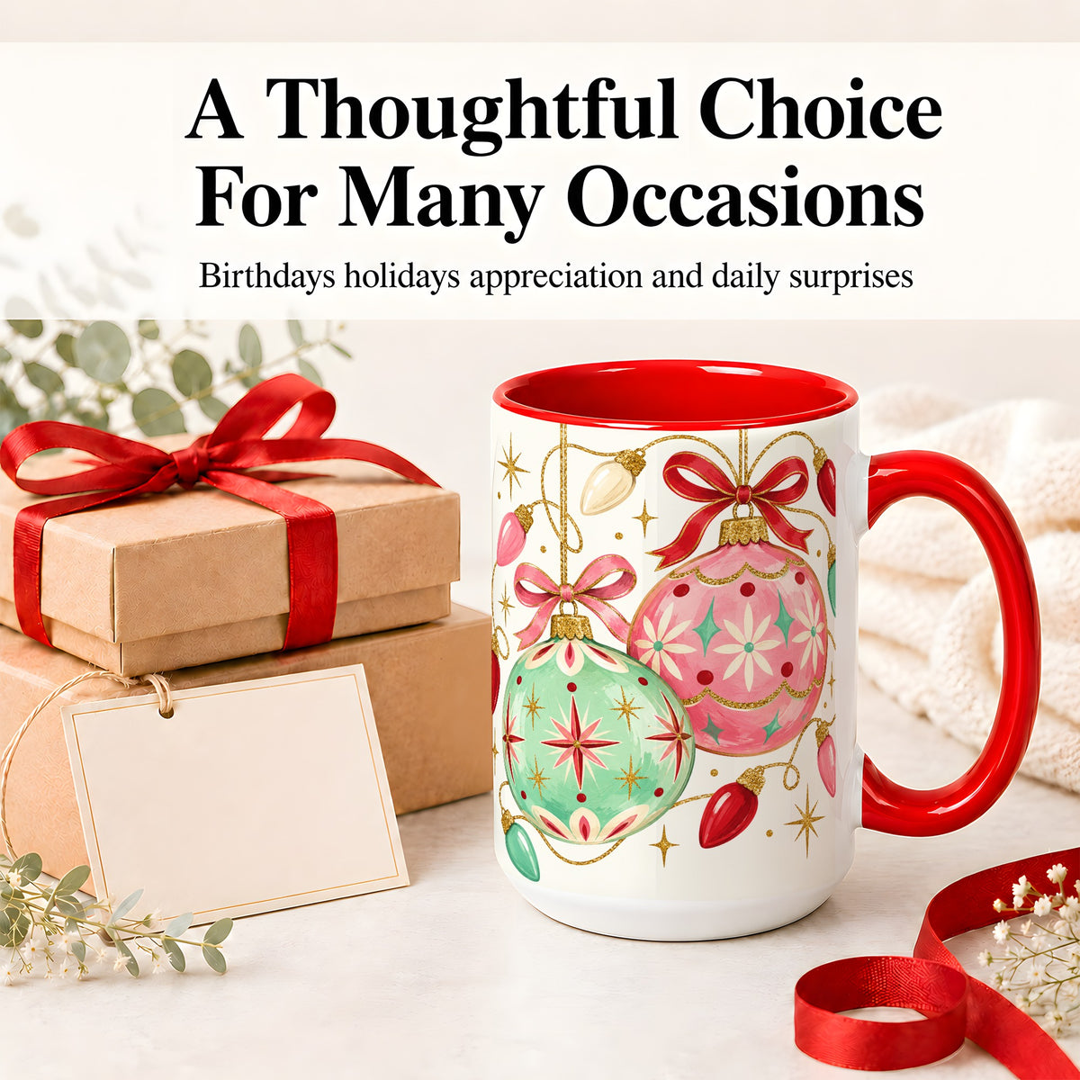 #pl[15oz|Red] Retro Christmas Ornaments Ceramic Mug, Pink Mint Holiday Art