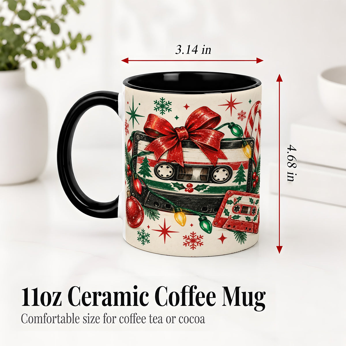 #pl[11oz|Black] Retro Christmas Cassette Ceramic Mug, Holiday Music Artwork