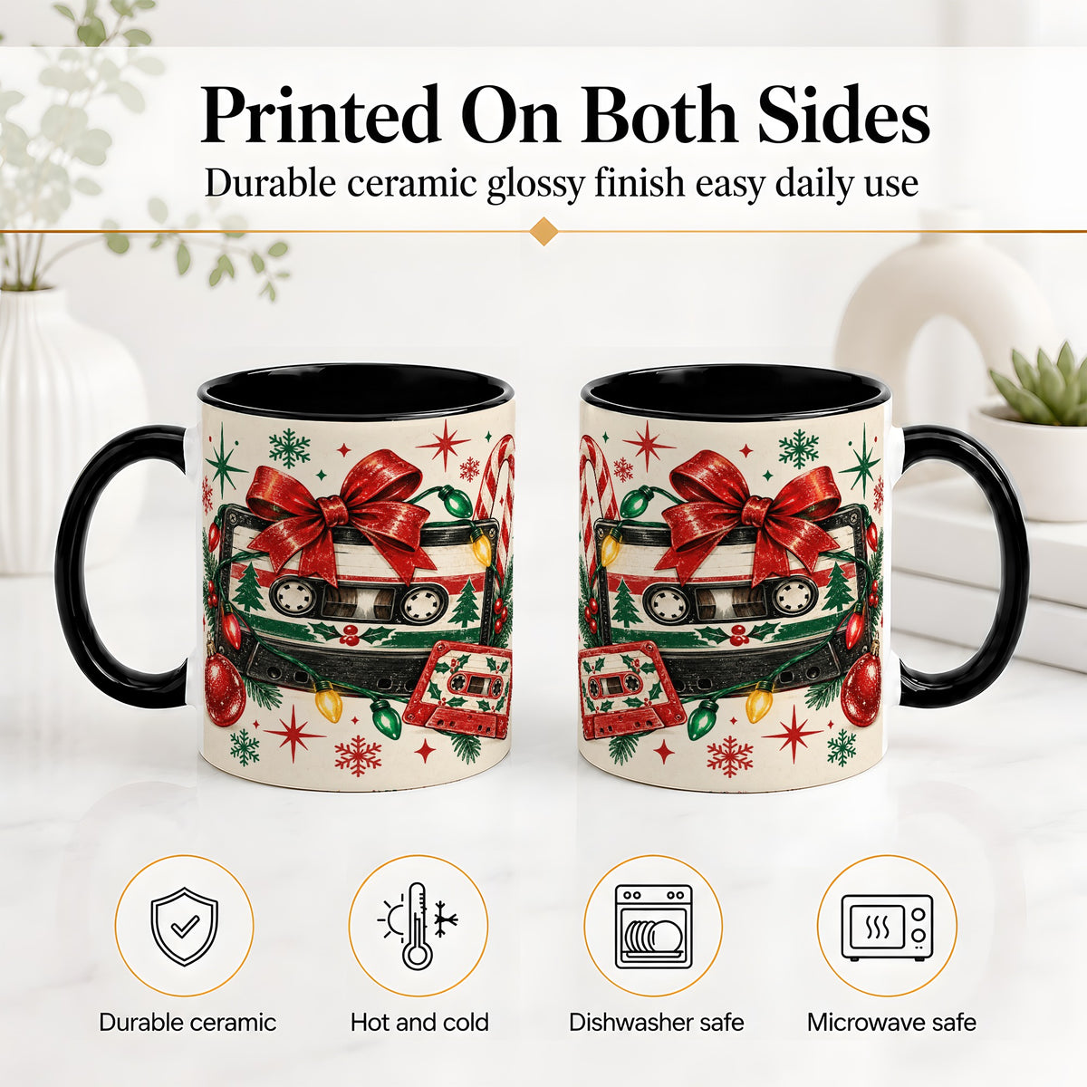 #pl[11oz|Black] Retro Christmas Cassette Ceramic Mug, Holiday Music Artwork