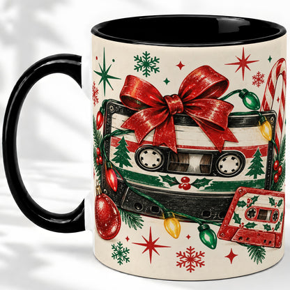 #pl[11oz|Black] Retro Christmas Cassette Ceramic Mug, Holiday Music Artwork