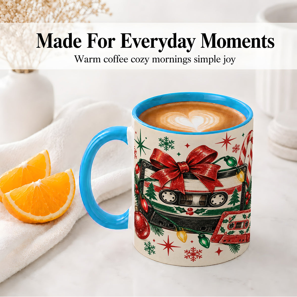 #pl[11oz|Blue] Retro Christmas Cassette Ceramic Mug, Holiday Music Artwork