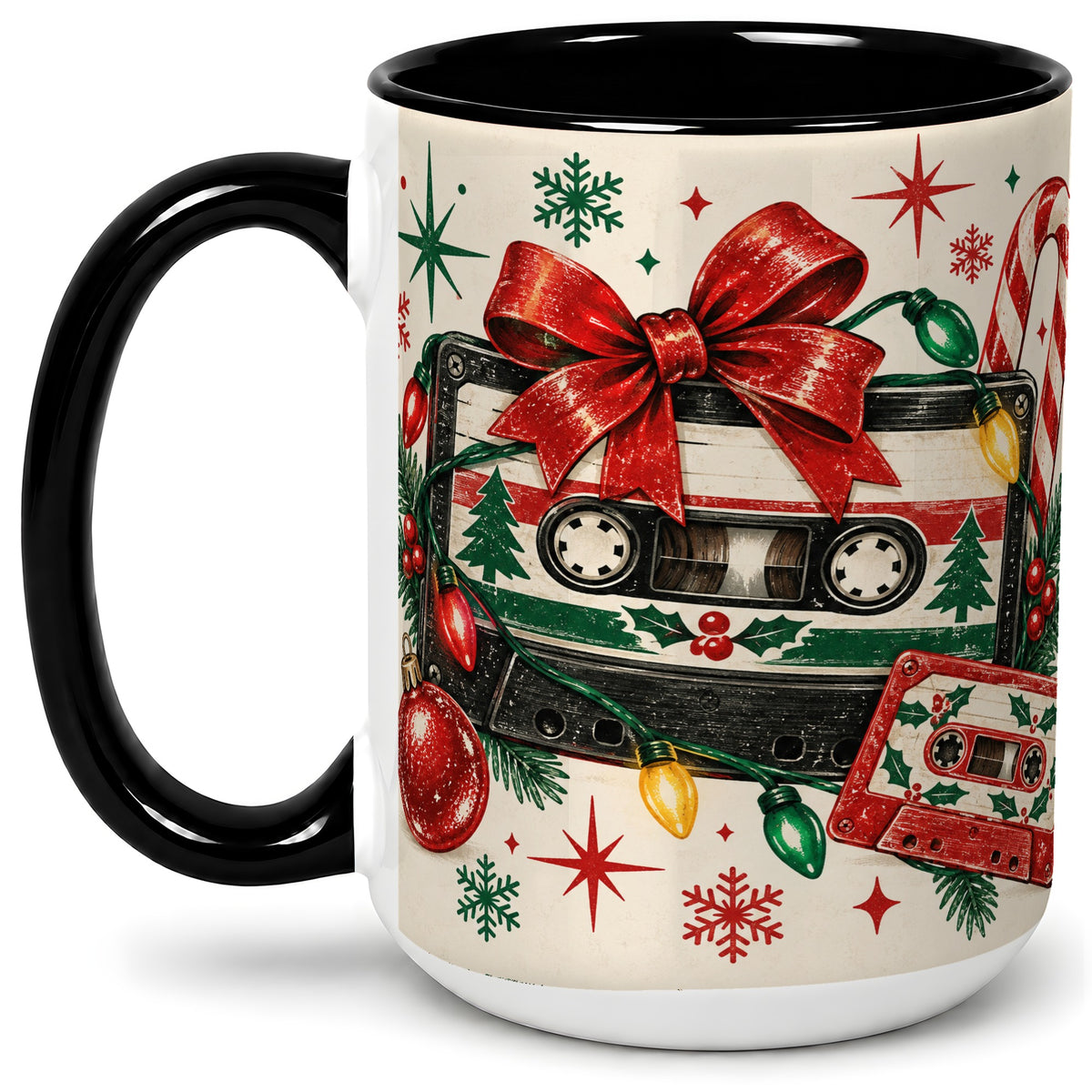 #pl[15oz|Black] Retro Christmas Cassette Ceramic Mug, Holiday Music Artwork