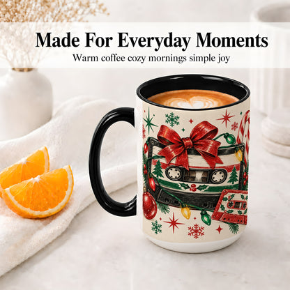 #pl[15oz|Black] Retro Christmas Cassette Ceramic Mug, Holiday Music Artwork