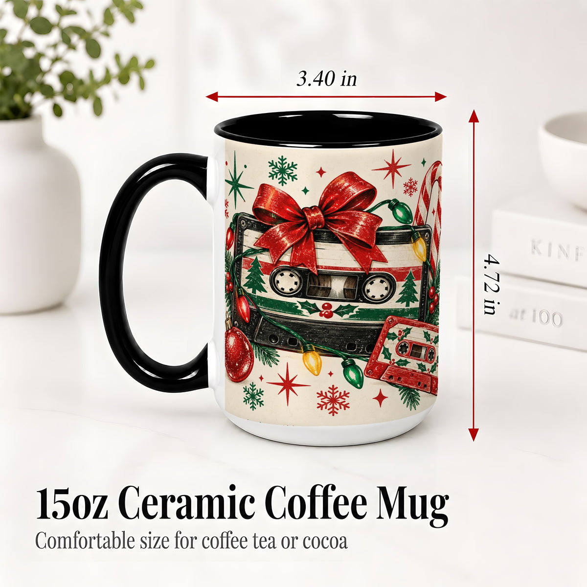#pl[15oz|Black] Retro Christmas Cassette Ceramic Mug, Holiday Music Artwork