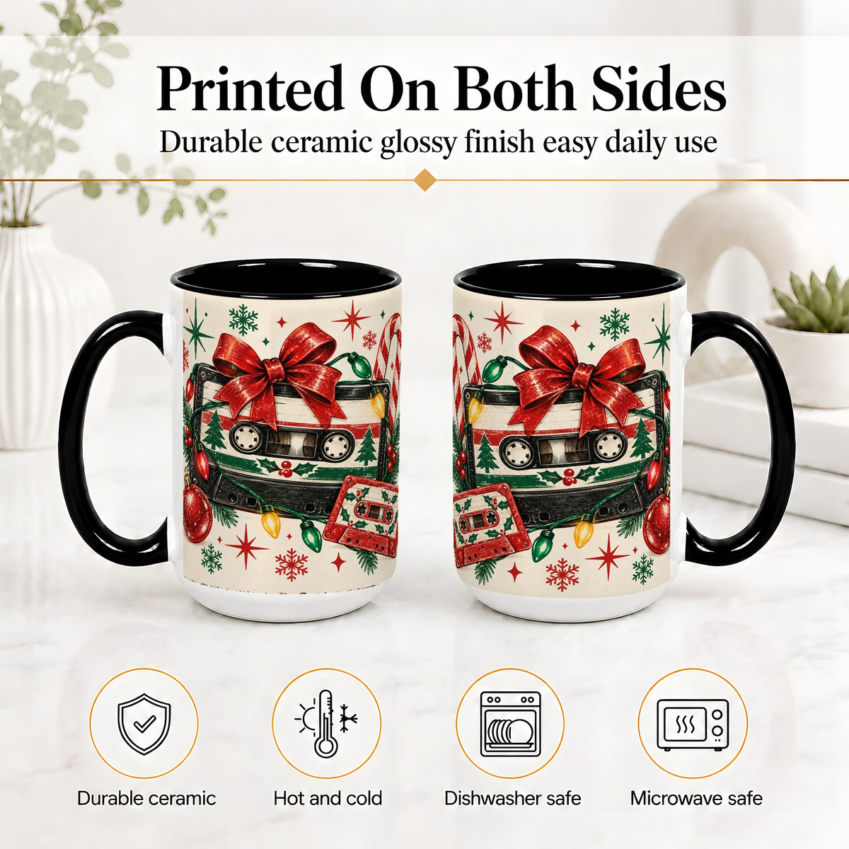 #pl[15oz|Black] Retro Christmas Cassette Ceramic Mug, Holiday Music Artwork