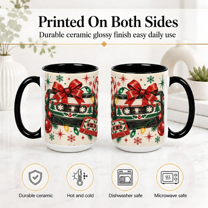#pl[15oz|Black] Retro Christmas Cassette Ceramic Mug, Holiday Music Artwork