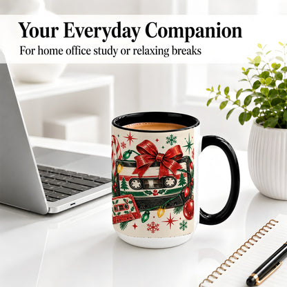 #pl[15oz|Black] Retro Christmas Cassette Ceramic Mug, Holiday Music Artwork