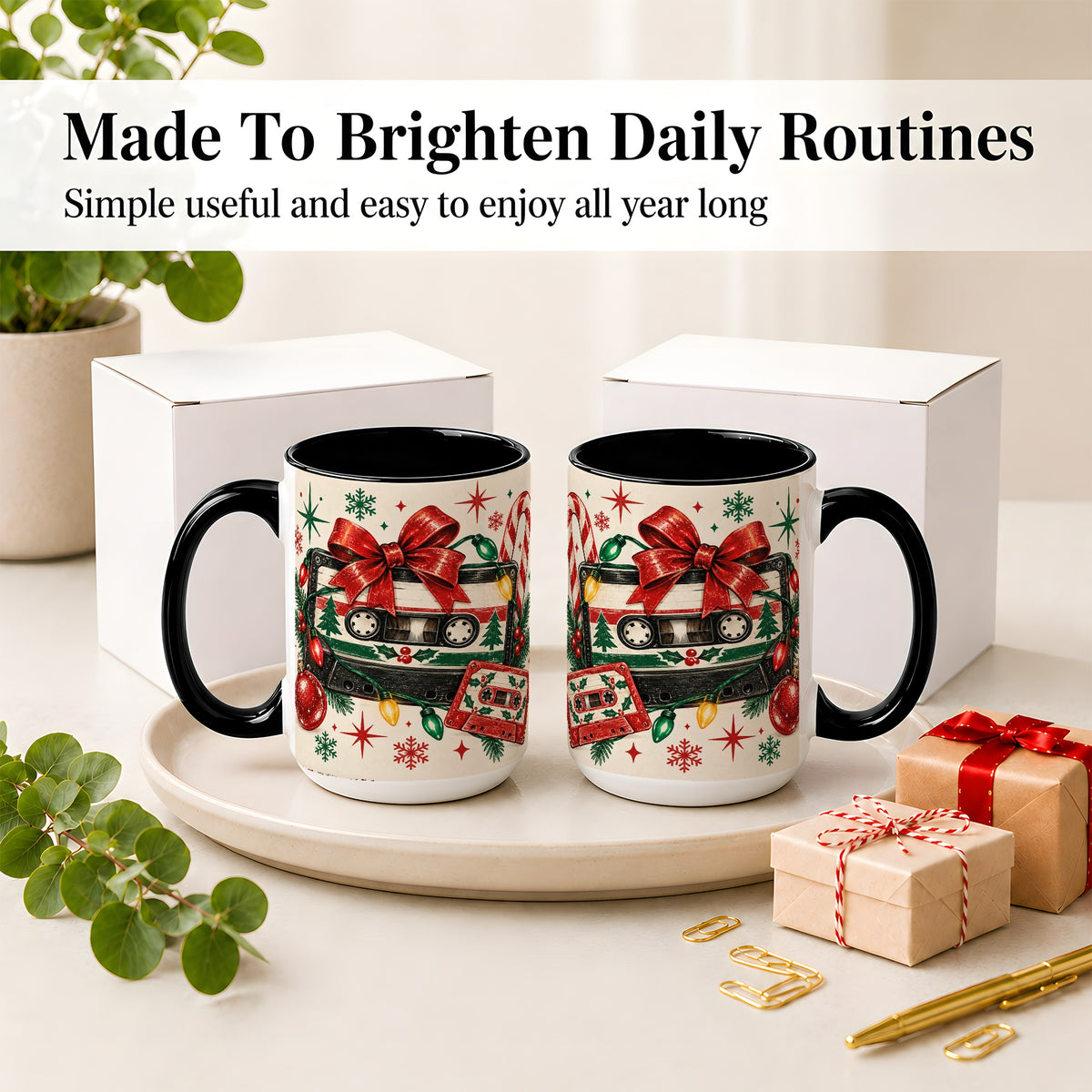 #pl[15oz|Black] Retro Christmas Cassette Ceramic Mug, Holiday Music Artwork