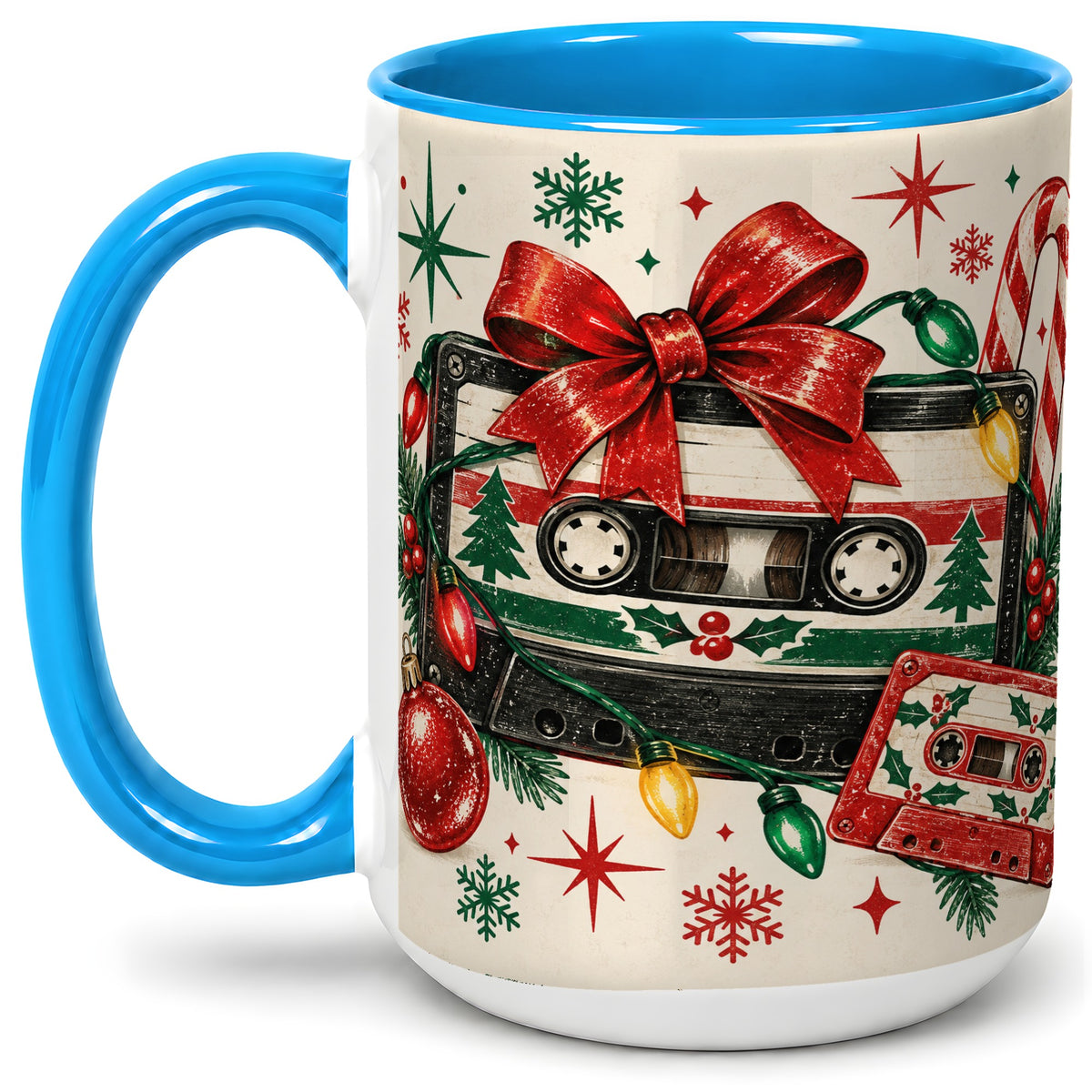 #pl[15oz|Blue] Retro Christmas Cassette Ceramic Mug, Holiday Music Artwork