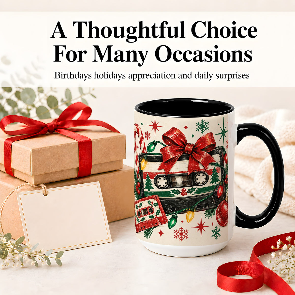 #pl[15oz|Black] Retro Christmas Cassette Ceramic Mug, Holiday Music Artwork