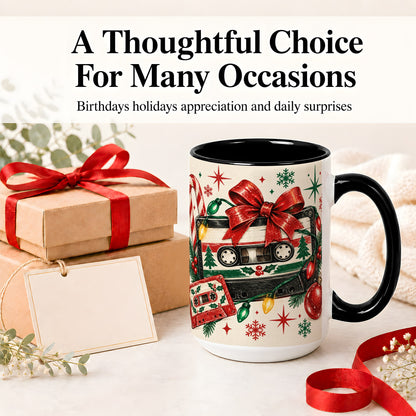 #pl[15oz|Black] Retro Christmas Cassette Ceramic Mug, Holiday Music Artwork