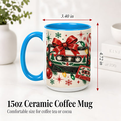 #pl[15oz|Blue] Retro Christmas Cassette Ceramic Mug, Holiday Music Artwork