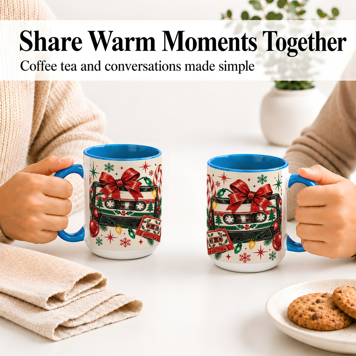 #pl[15oz|Blue] Retro Christmas Cassette Ceramic Mug, Holiday Music Artwork