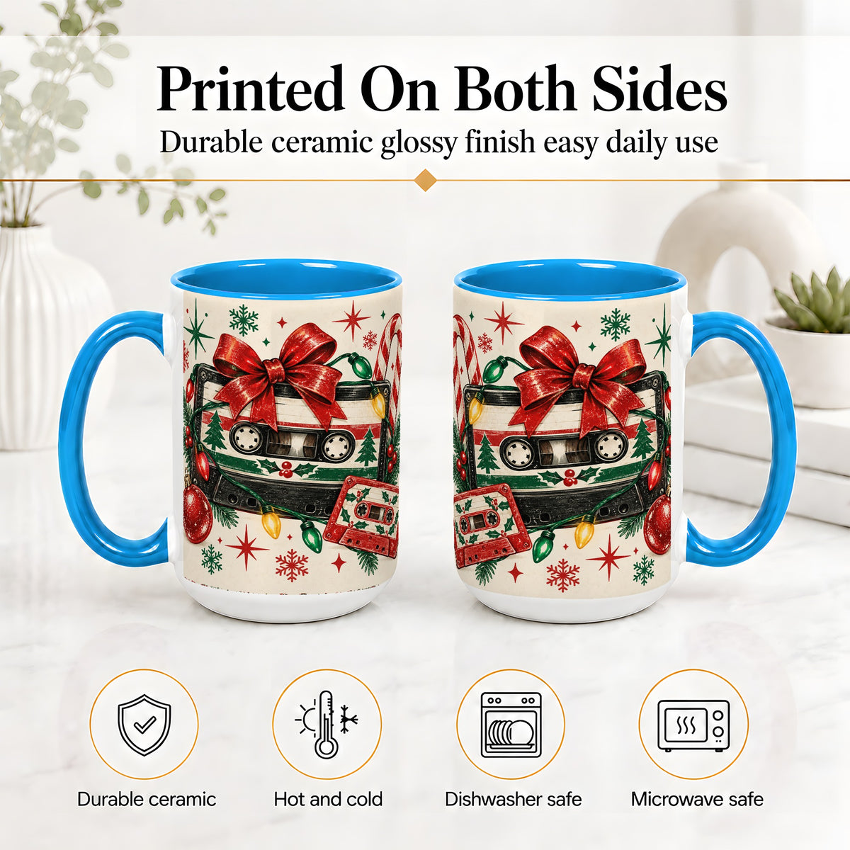 #pl[15oz|Blue] Retro Christmas Cassette Ceramic Mug, Holiday Music Artwork