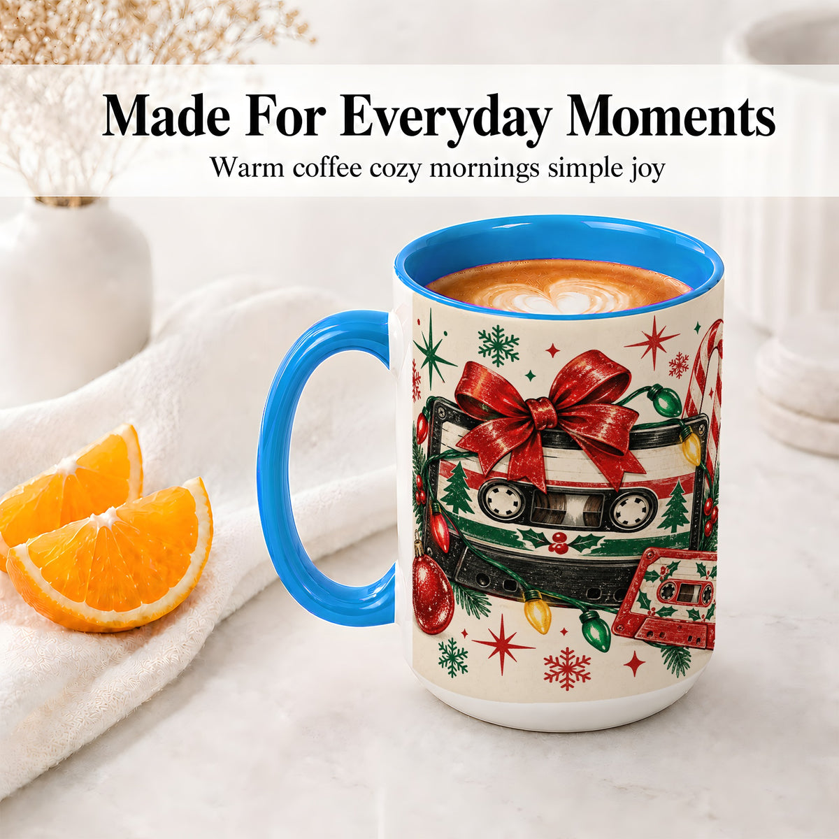 #pl[15oz|Blue] Retro Christmas Cassette Ceramic Mug, Holiday Music Artwork