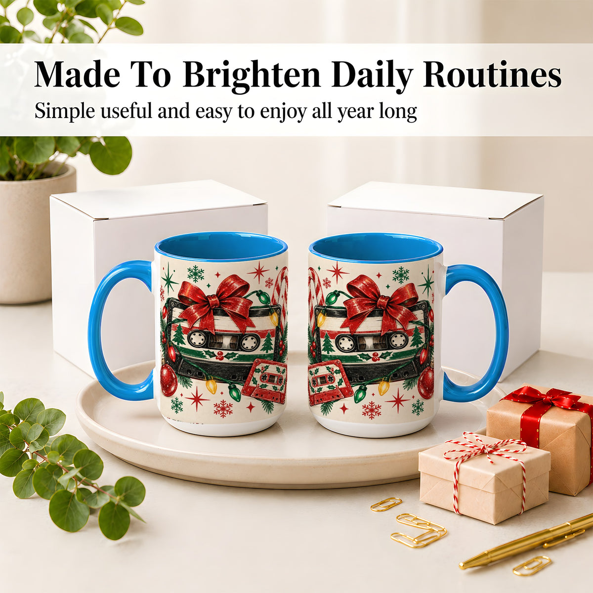 #pl[15oz|Blue] Retro Christmas Cassette Ceramic Mug, Holiday Music Artwork